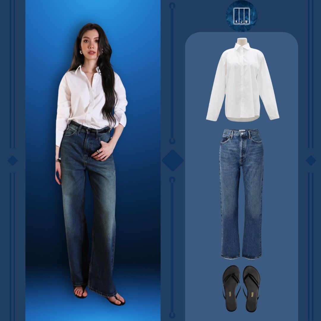 This outfit combo combines several key elements of current fashion trends. Statement earrings add a touch of bling and glamour to the look, while the long-sleeve shirt contributes a subtle sense of sophistication. A chic bracelet completes the wrist, adding a touch of sparkle without overpowering the rest of the outfit. Pairing with casual jeans and flip-flops gives the ensemble a laid back and comfy vibe, perfect for any casual occasion. Overall, the combination of these elements creates a stylish and relaxed look, perfect for any summer activity.